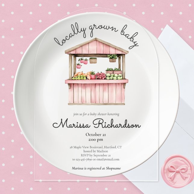 Invitations En Acrylique Baby shower du marché agricole (cute whimsical rustic pink locally grown baby farmers market baby girl shower acrylic invitation)