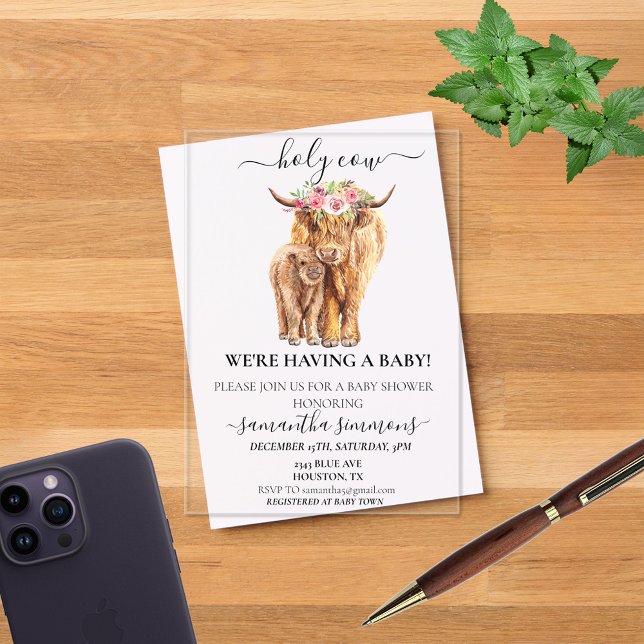 Invitations En Acrylique Baby shower du veau de Holy Cow Highland (Créateur téléchargé)