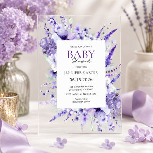 Invitations En Acrylique Baby shower élégant aux fleurs de lavande violet