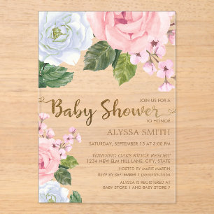 Invitations En Acrylique Baby Shower élégant rose blanc floral roses script
