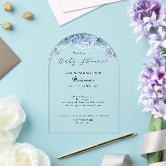 Invitations En Acrylique Baby Shower Élégant Simple Fleurs Bleu Poussiéreux