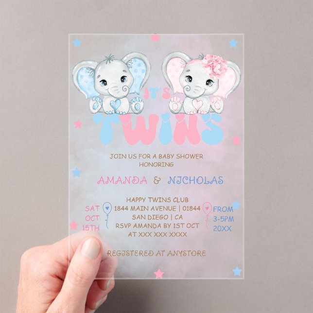Invitations En Acrylique Baby shower Eléphants Jumeaux Garçon Fille (In situ (ordinateur de poche))