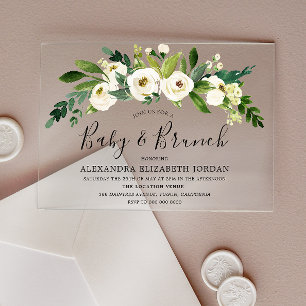 Invitations En Acrylique Baby shower et brunch aux fleurs blanches