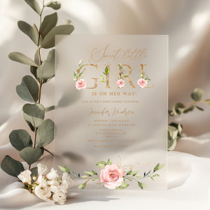 Invitations En Acrylique Baby shower fille doré floral rose