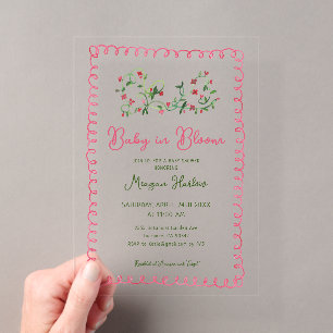 Invitations En Acrylique Baby Shower Fille Fleur Rouge Vintage Bébé en Fleu