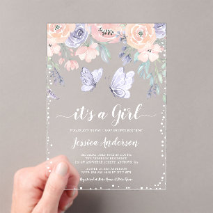 Invitations En Acrylique Baby Shower Fille Papillon Floral Violet Rose