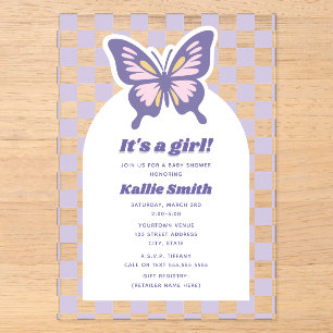 Invitations En Acrylique Baby Shower Fille Papillon Lavande Damier