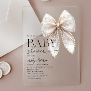 Invitations En Acrylique Baby shower fille Pearl Bow