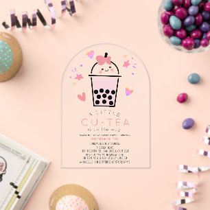 Invitations En Acrylique Baby Shower Fille Ruban Rose Thème Boba Bubble Tea