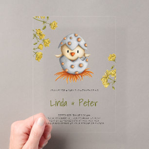 Invitations En Acrylique Baby Shower Fleur Neutral Oiseau