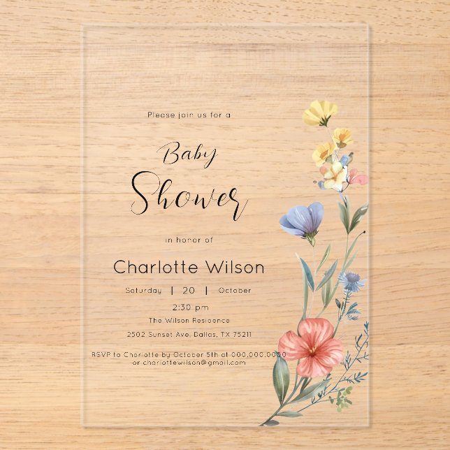Invitations En Acrylique Baby shower Fleur sauvage aquarelle (Recto)