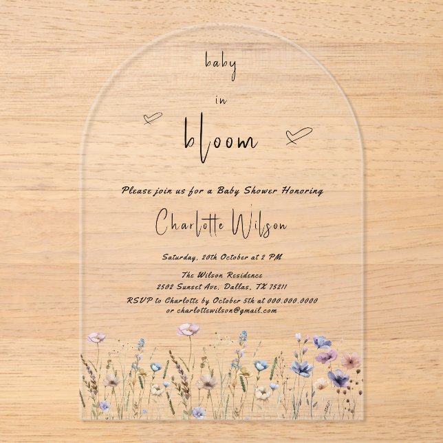 Invitations En Acrylique Baby shower Fleur sauvage Baby In Bloom (Recto)
