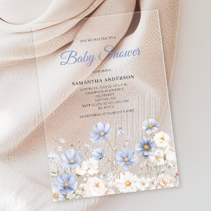 Invitations En Acrylique Baby Shower Fleur Sauvage Bleue Aquarelle Florale