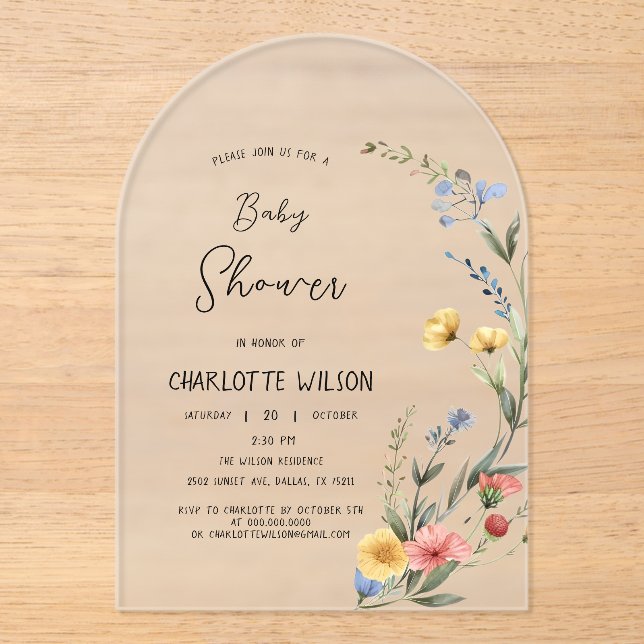 Invitations En Acrylique Baby shower Fleur sauvage couleur aquarelle (Recto)