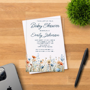 Invitations En Acrylique Baby shower Fleur sauvage Dusty Blue Peach
