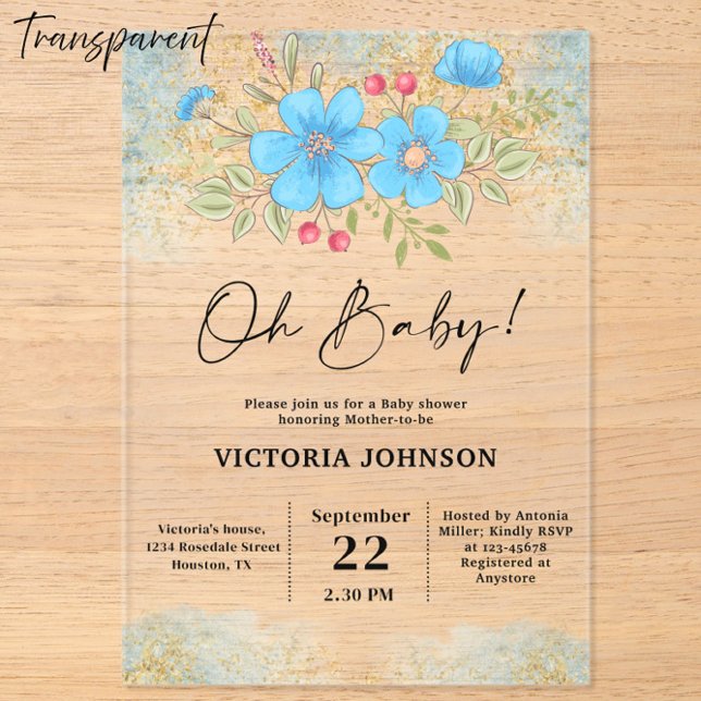 Invitations En Acrylique Baby-Shower Fleurs Bleues (Créateur téléchargé)