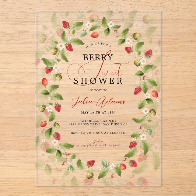Invitations En Acrylique Baby shower Fleurs de fraises rouges sucrées (Recto)