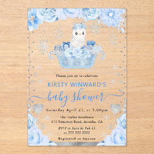 Invitations En Acrylique Baby Shower Floral au Hibou Arctique Aquarelle