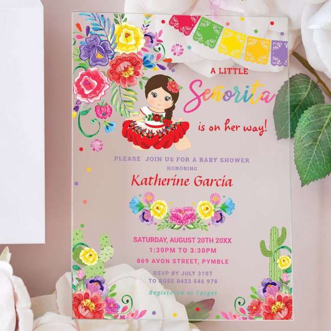 Invitations En Acrylique Baby shower Floral Mexicain Petite Senorita fille (Créateur téléchargé)