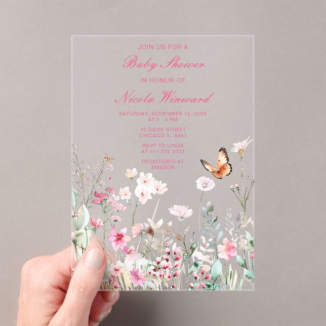 Invitations En Acrylique Baby shower floral rose profond du printemps (In situ (ordinateur de poche))