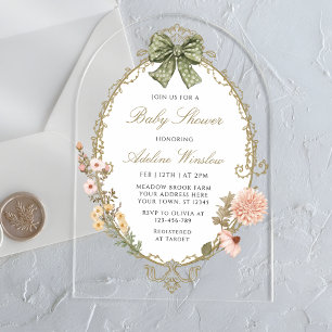 Invitations En Acrylique Baby shower Floral Vintage Boho Sage