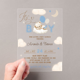 Invitations En Acrylique Baby shower Garçon Bear Blue