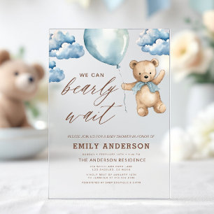 Invitations En Acrylique Baby Shower Garçon Neutre Beige et Bleu Bearly Wai