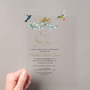 Invitations En Acrylique Baby Shower Garçon Thé Oiseaux-Mouches Eucalyptus