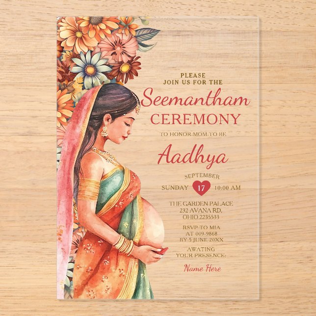 Invitations En Acrylique Baby shower indien de Seemantham Valaikassu Mère (Recto)