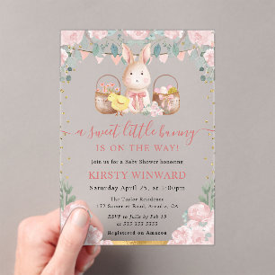 Invitations En Acrylique Baby Shower Lapin à l'aquarelle et Fleurs Roses