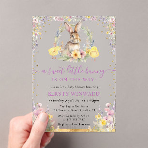 Invitations En Acrylique Baby Shower Lapin et Fleurs Sauvages à l'Aquarelle