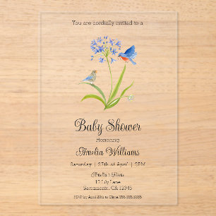 Invitations En Acrylique Baby Shower Lily avec Mère et Bébé Oiseau Bleu