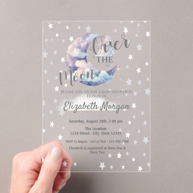 Invitations En Acrylique Baby Shower Lune Étoiles et Nuages Lavande  (In situ (ordinateur de poche))
