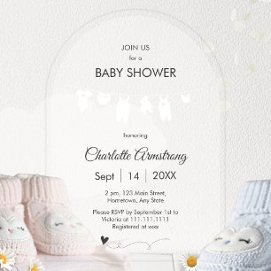 Invitations En Acrylique Baby shower moderne transparent minimaliste blanc