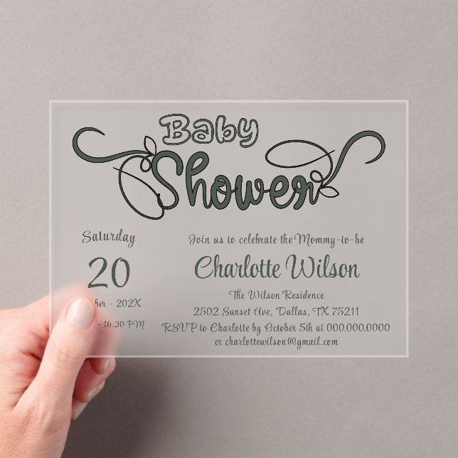 Invitations En Acrylique Baby-Shower Moderne Vert Foncé (In situ (ordinateur de poche))
