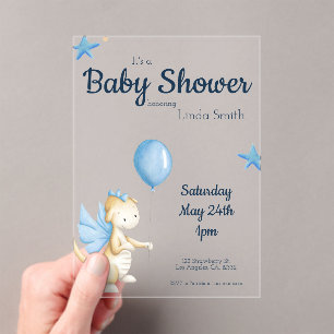 Invitations En Acrylique Baby shower neutre de genre bleu crème