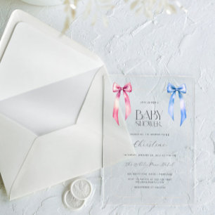 Invitations En Acrylique Baby shower neutre de sexe rose bleu Bow