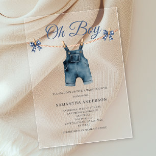 Invitations En Acrylique Baby Shower « Oh Boy » Salopette Bleue