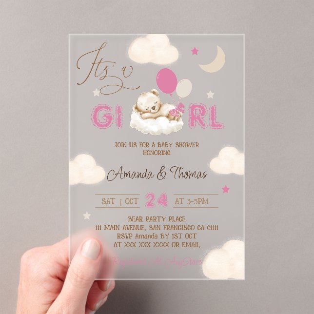 Invitations En Acrylique Baby Shower Ours Rose (In situ (ordinateur de poche))