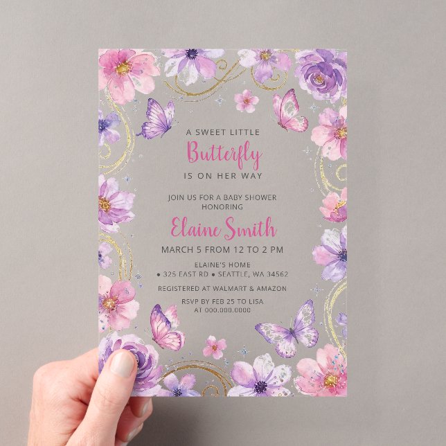 Invitations En Acrylique Baby Shower Papillon Rose Violet  (In situ (ordinateur de poche))