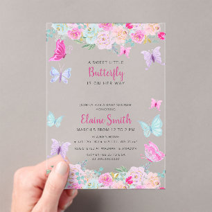 Invitations En Acrylique Baby Shower Papillon Rose Violet 