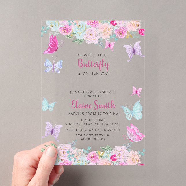 Invitations En Acrylique Baby Shower Papillon Rose Violet  (In situ (ordinateur de poche))
