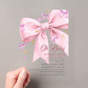 Invitations En Acrylique Baby Shower Papillon Violet Or Rose Pâle et Or