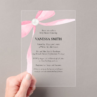 Invitations En Acrylique Baby Shower Pink Bow White Pearl Baby Girl Modern 