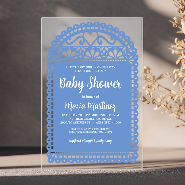 Invitations En Acrylique Baby shower rose inspiré par Papel Picado (Simple and elegant baby shower invitation, inspired by the intricate and colorful papel picado flags)