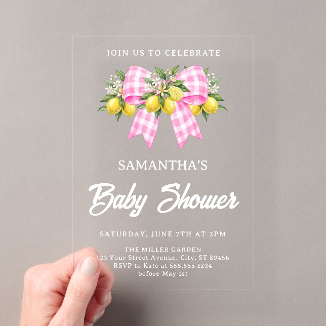 Invitations En Acrylique Baby Shower Ruban Gingham Rose & Citron (In situ (ordinateur de poche))