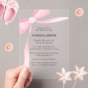 Invitations En Acrylique Baby Shower Ruban Rose Perle Blanche Bébé Fille Mo