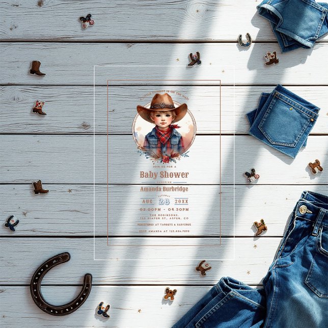 Invitations En Acrylique Baby shower rustique de petit cowboy de l'Ouest (Rustic Western Little Cowboy Baby Shower Acrylic Invitations)