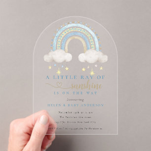 Invitations En Acrylique Baby shower Sunshine Blue Boho Rainbow Boy