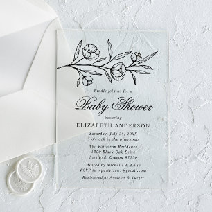 Invitations En Acrylique Baby-Shower Thème Fleurs Noires Esquisées